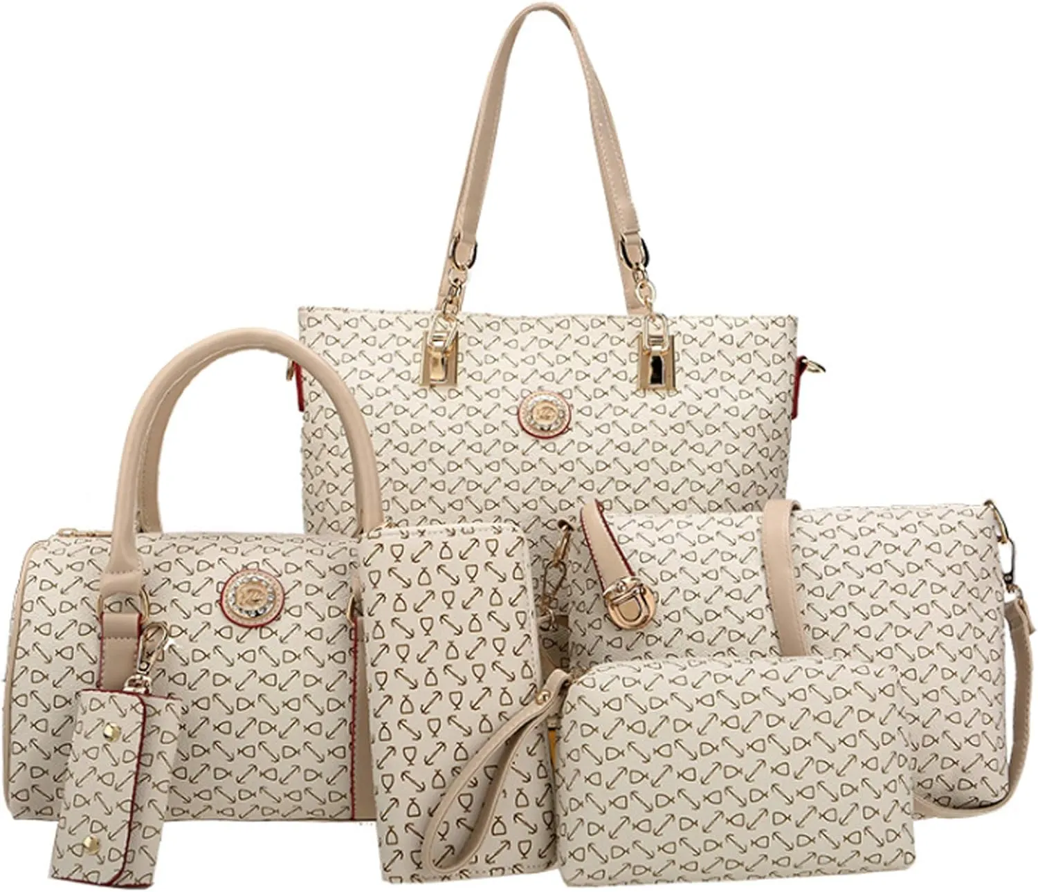 Women 6 Pcs Handbag Tote Stitching Shoulder Bag PU Top Handle Hobo Satchel Purse Clutch Wallet Key Holder