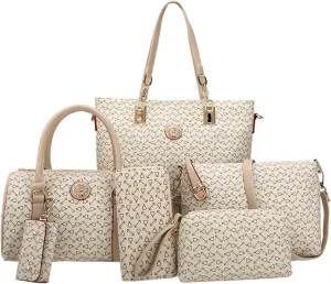 Women 6 Pcs Handbag Tote Stitching Shoulder Bag PU Top Handle Hobo Satchel Purse Clutch Wallet Key Holder