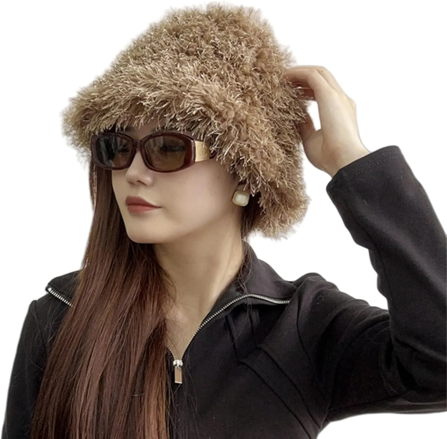 Women Fuzzy Bucket Hat Winter Warm Furry Faux Fur Hat Wide Brim Cute Fluffy Plush Outdoor Fisherman Caps