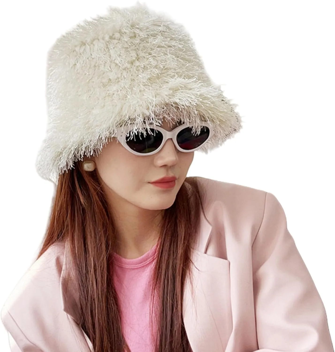Women Fuzzy Bucket Hat Winter Warm Furry Faux Fur Hat Wide Brim Cute Fluffy Plush Outdoor Fisherman Caps