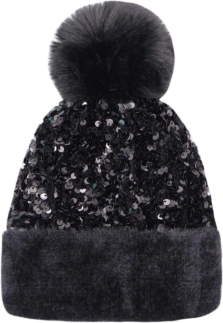 Women Girls Winter Sequin Beanie Hat with Faux Fur Pom Pom Knit Skull Cap