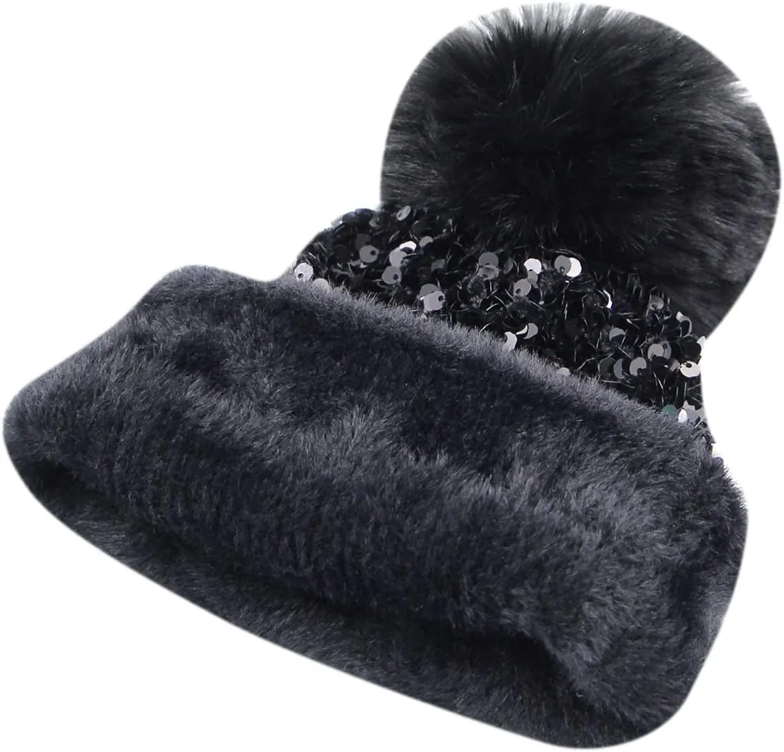 Women Girls Winter Sequin Beanie Hat with Faux Fur Pom Pom Knit Skull Cap