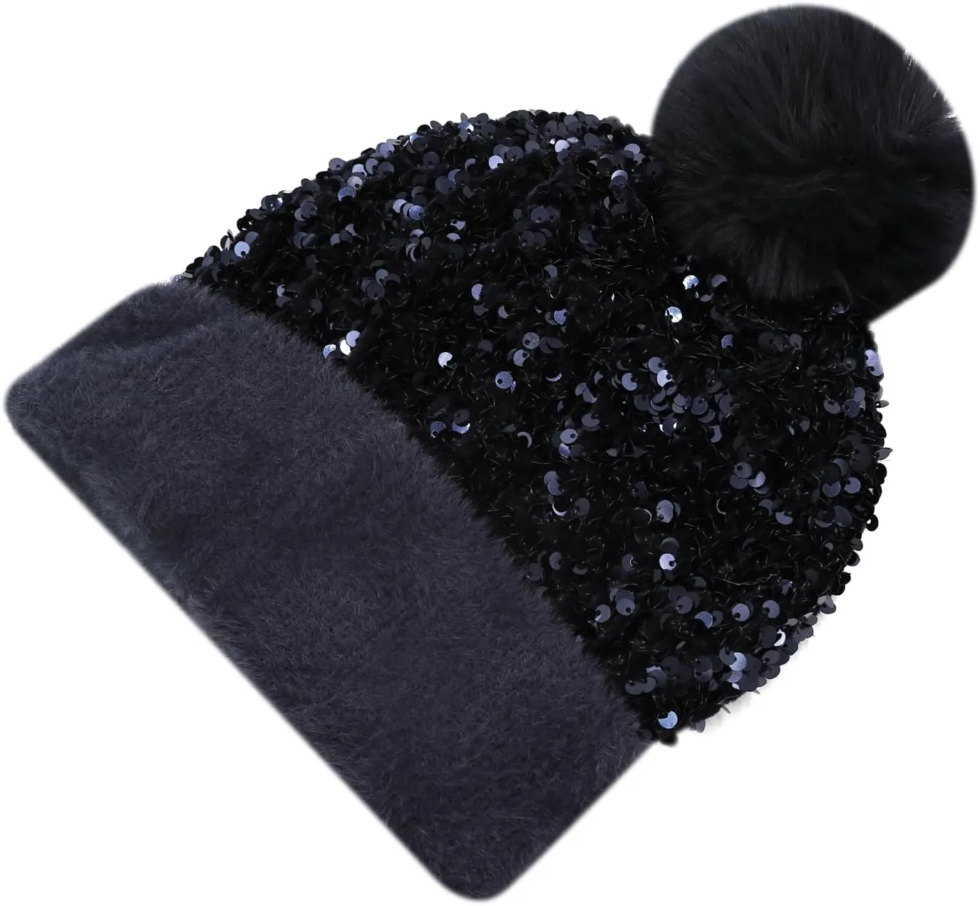 Women Girls Winter Sequin Beanie Hat with Faux Fur Pom Pom Knit Skull Cap