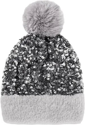 Women Girls Winter Sequin Beanie Hat with Faux Fur Pom Pom Knit Skull Cap