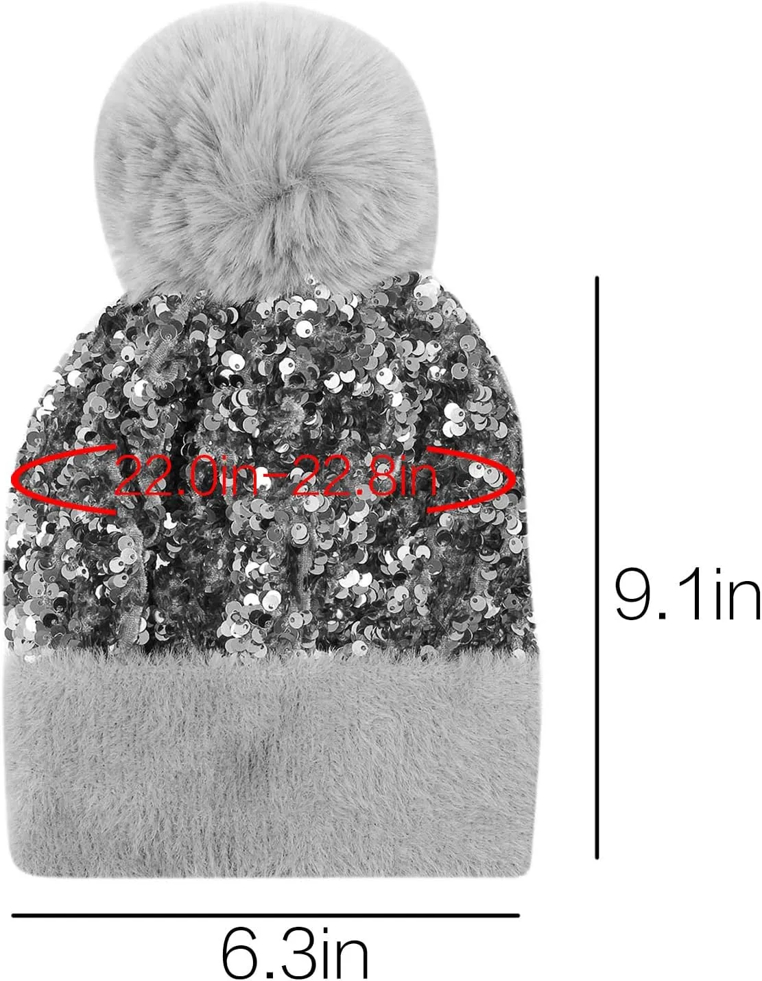 Women Girls Winter Sequin Beanie Hat with Faux Fur Pom Pom Knit Skull Cap