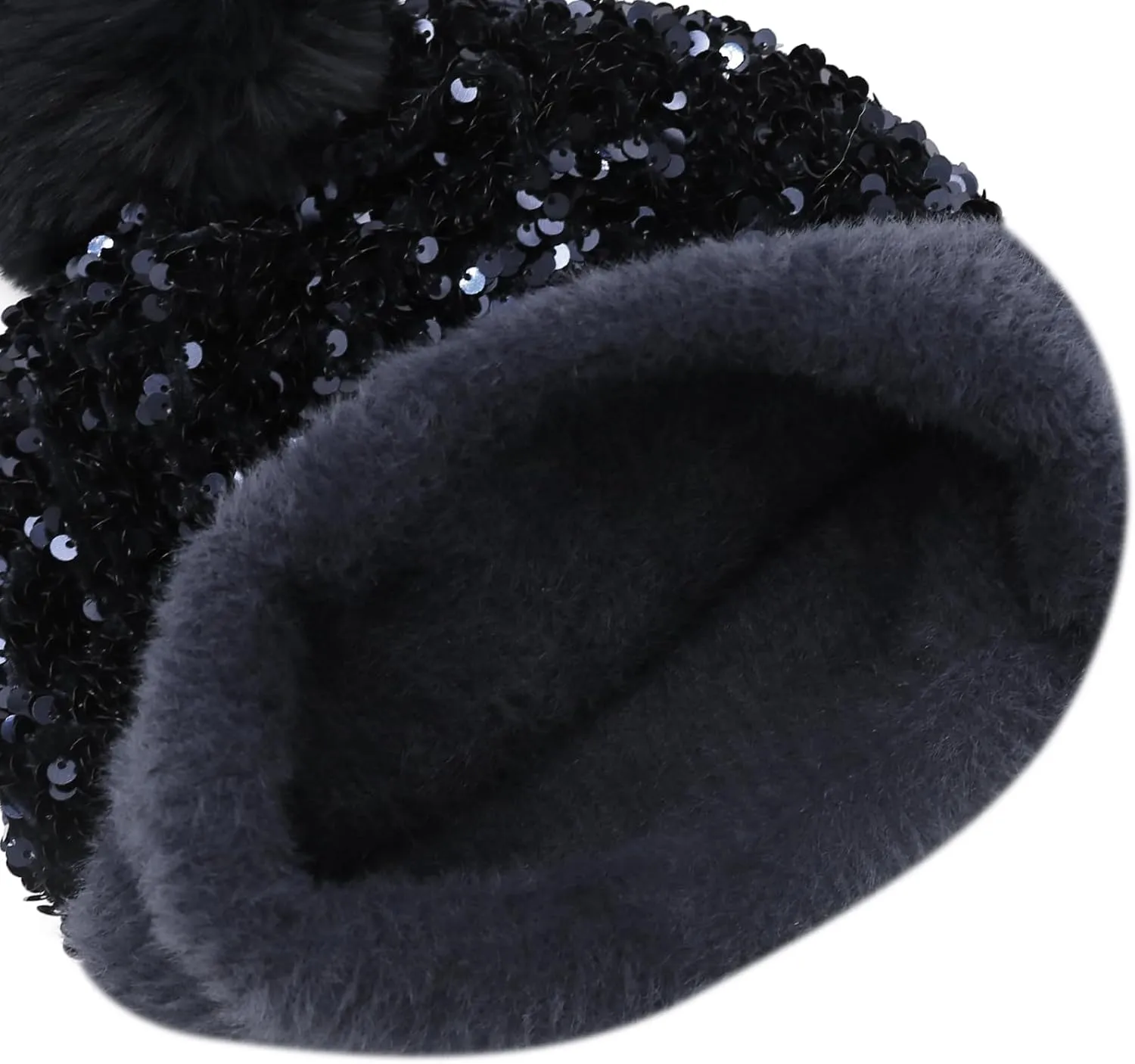 Women Girls Winter Sequin Beanie Hat with Faux Fur Pom Pom Knit Skull Cap