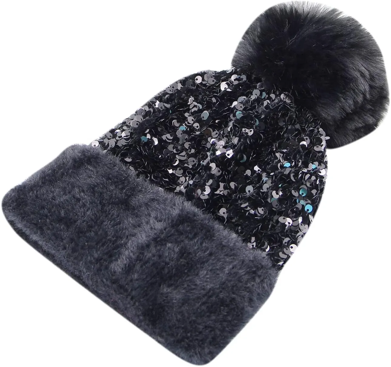 Women Girls Winter Sequin Beanie Hat with Faux Fur Pom Pom Knit Skull Cap
