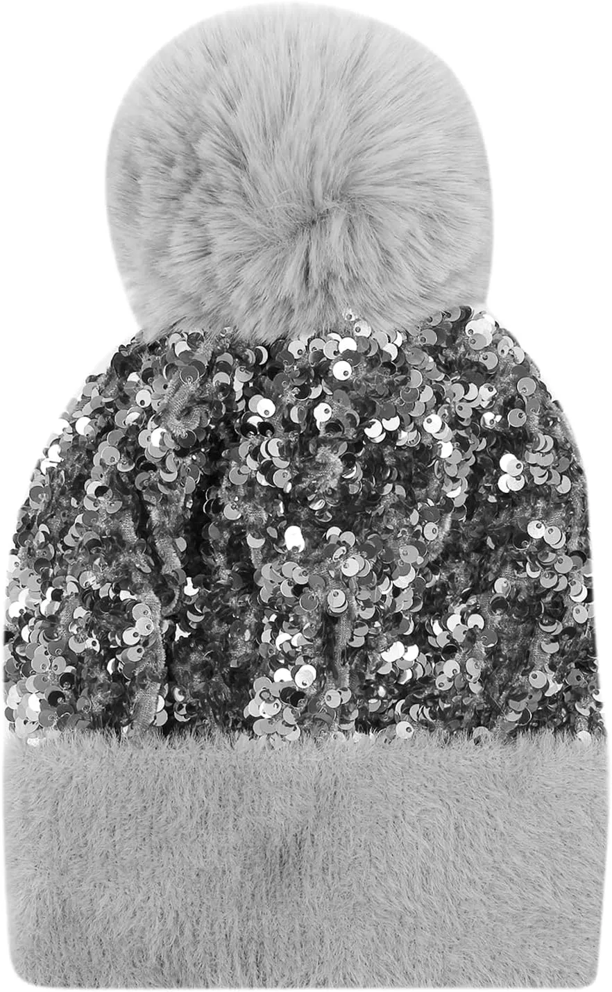 Women Girls Winter Sequin Beanie Hat with Faux Fur Pom Pom Knit Skull Cap