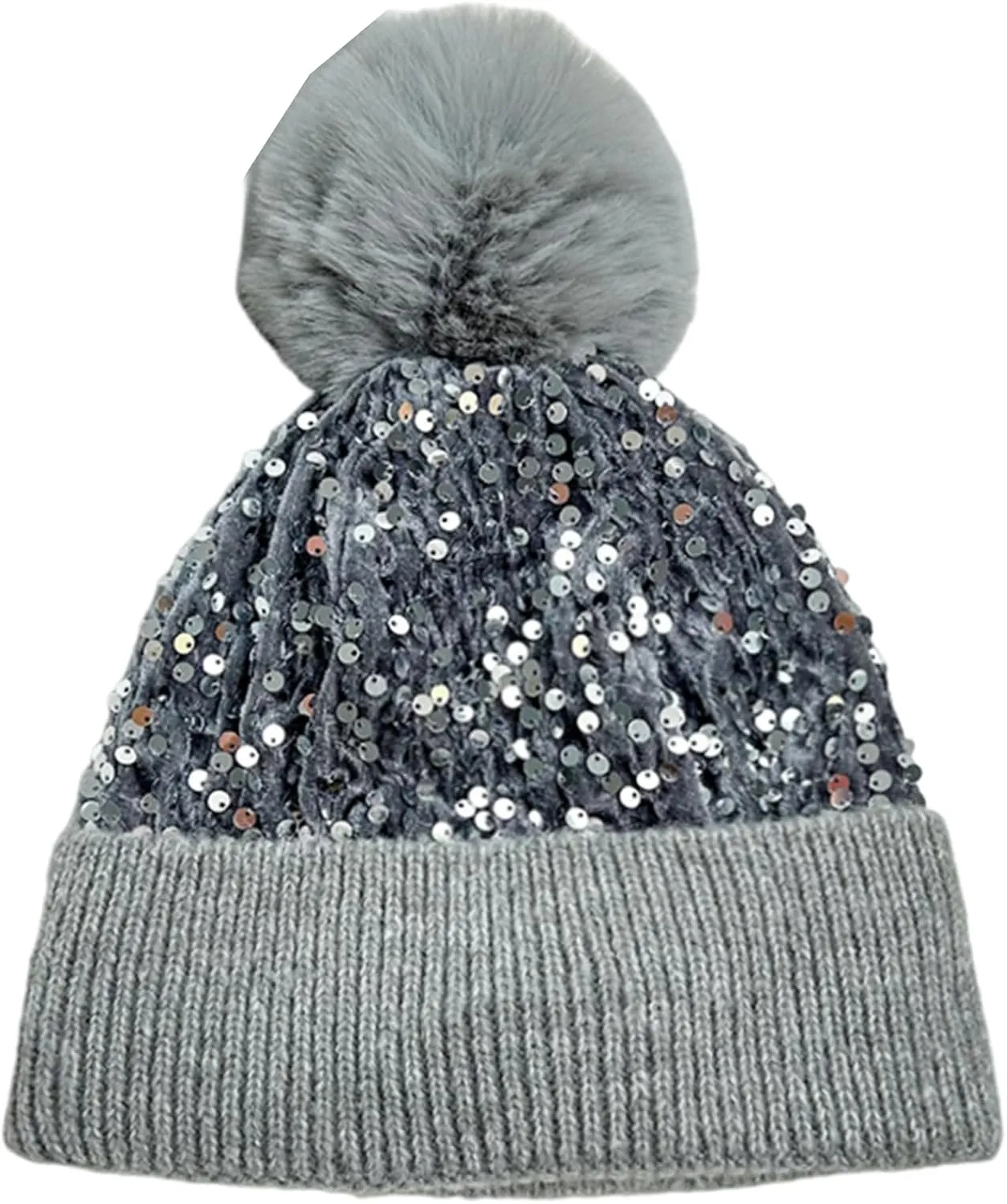 Women Girls Winter Sequin Beanie Hat with Faux Fur Pom Pom Knit Skull Cap
