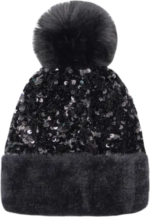 Women Girls Winter Sequin Beanie Hat with Faux Fur Pom Pom Knit Skull Cap