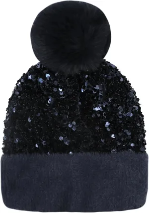 Women Girls Winter Sequin Beanie Hat with Faux Fur Pom Pom Knit Skull Cap