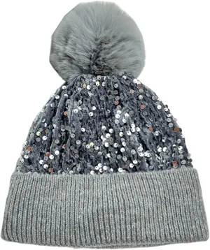 Women Girls Winter Sequin Beanie Hat with Faux Fur Pom Pom Knit Skull Cap