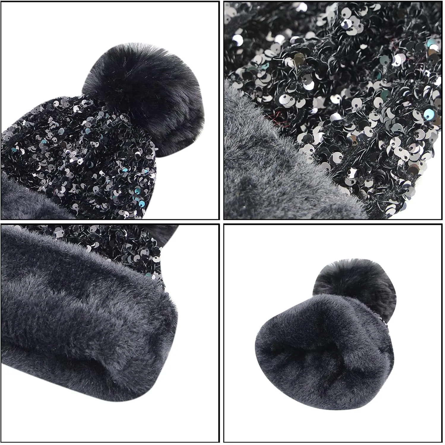 Women Girls Winter Sequin Beanie Hat with Faux Fur Pom Pom Knit Skull Cap