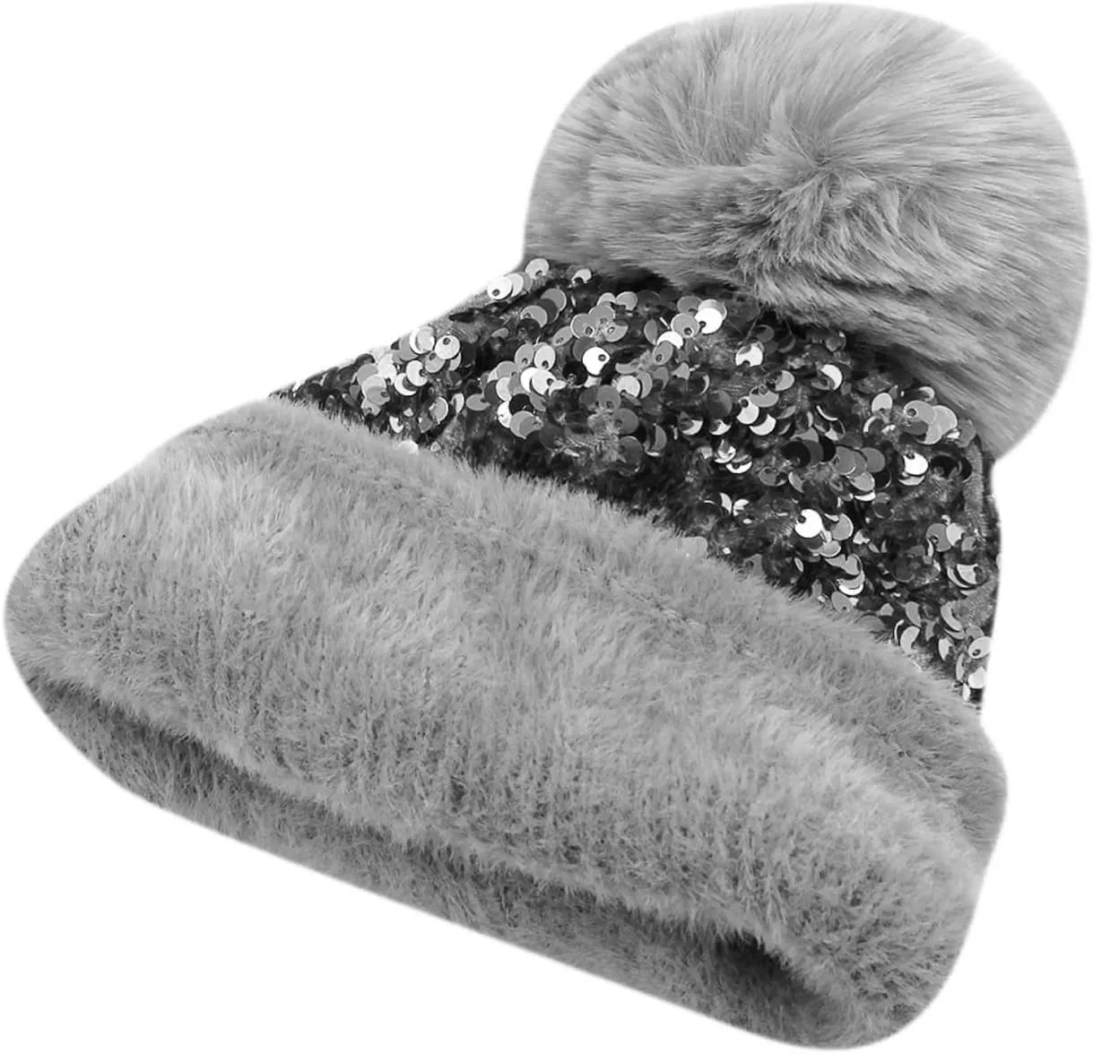 Women Girls Winter Sequin Beanie Hat with Faux Fur Pom Pom Knit Skull Cap