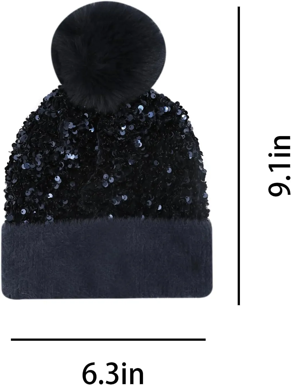 Women Girls Winter Sequin Beanie Hat with Faux Fur Pom Pom Knit Skull Cap