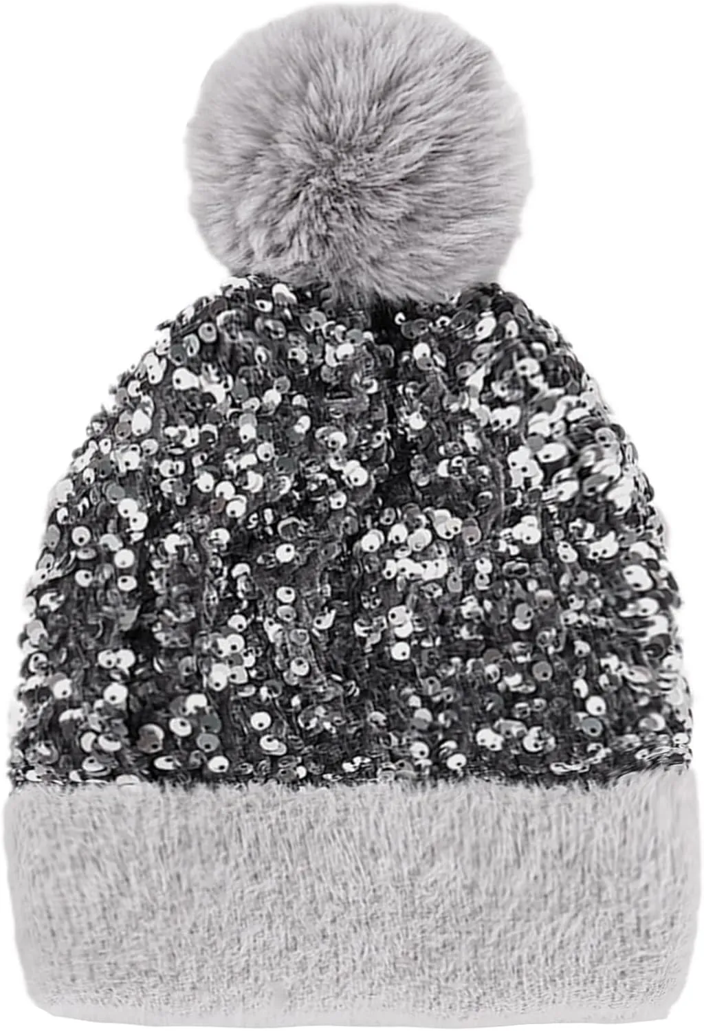 Women Girls Winter Sequin Beanie Hat with Faux Fur Pom Pom Knit Skull Cap