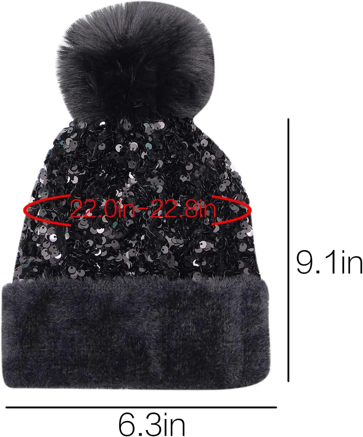 Women Girls Winter Sequin Beanie Hat with Faux Fur Pom Pom Knit Skull Cap