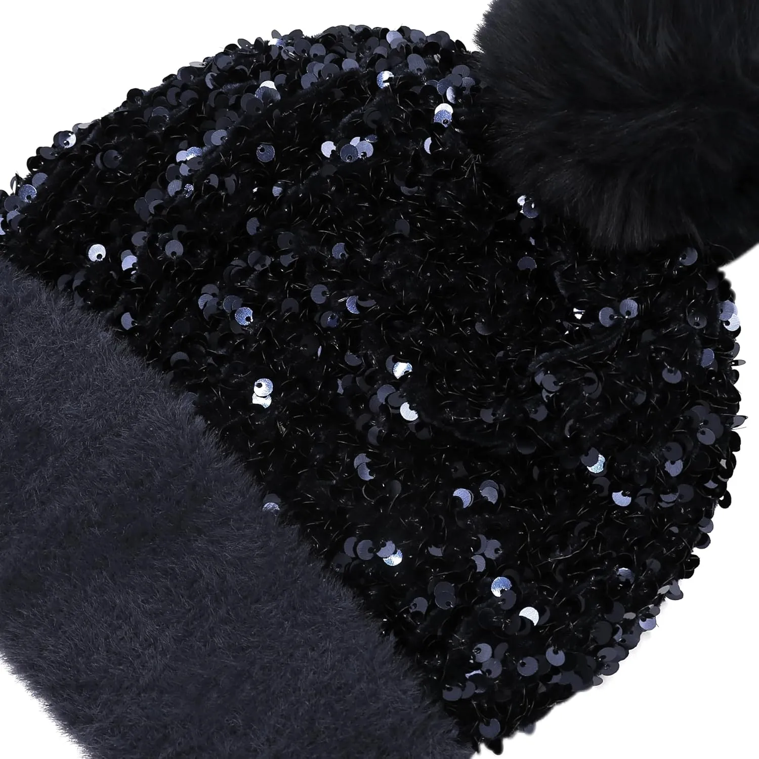 Women Girls Winter Sequin Beanie Hat with Faux Fur Pom Pom Knit Skull Cap