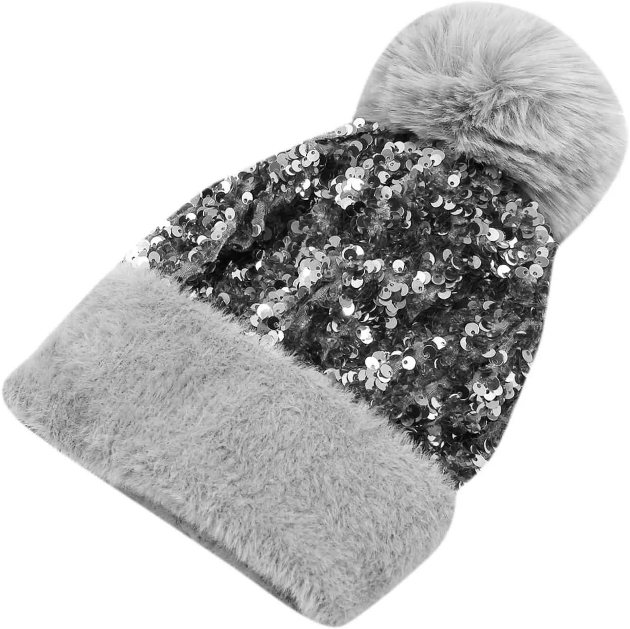 Women Girls Winter Sequin Beanie Hat with Faux Fur Pom Pom Knit Skull Cap
