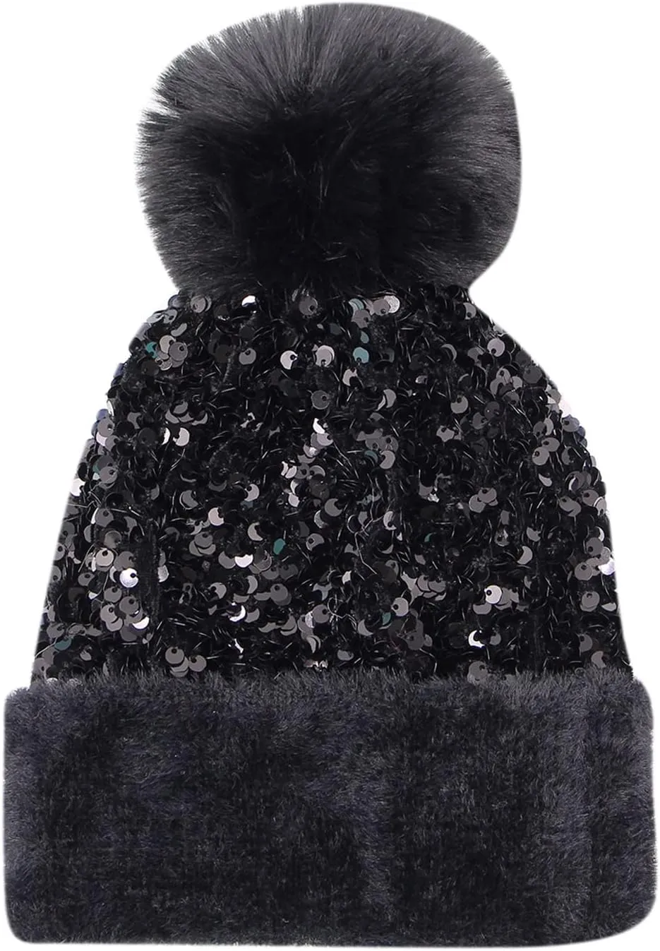 Women Girls Winter Sequin Beanie Hat with Faux Fur Pom Pom Knit Skull Cap