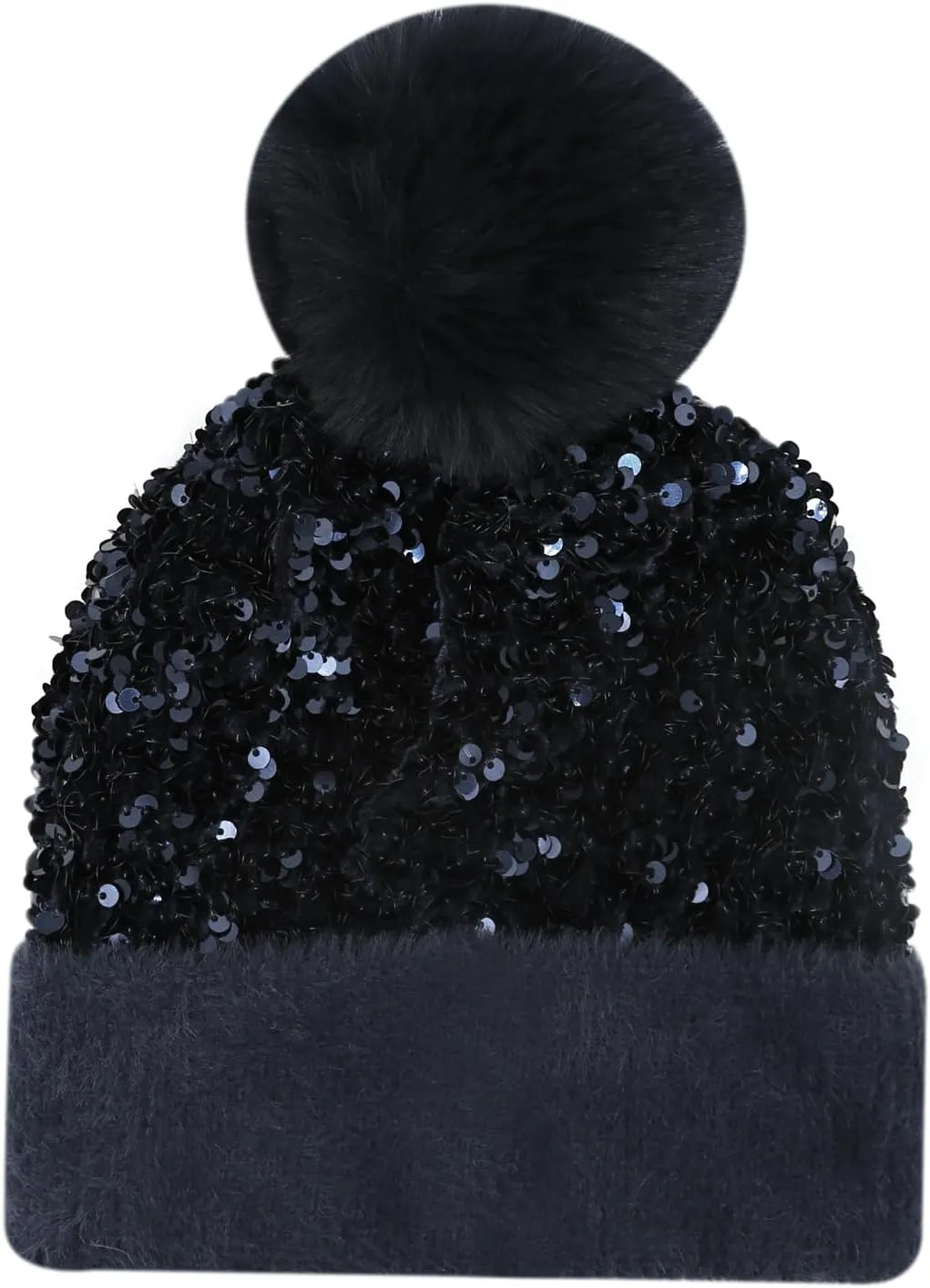 Women Girls Winter Sequin Beanie Hat with Faux Fur Pom Pom Knit Skull Cap