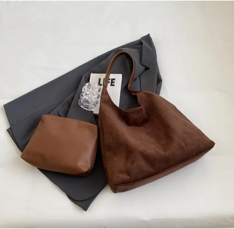 Women Hobo Bags Slouchy Bag Suede Purse Suede Tote Bag Large Brown Tote Handbag for Travel Shopping Work