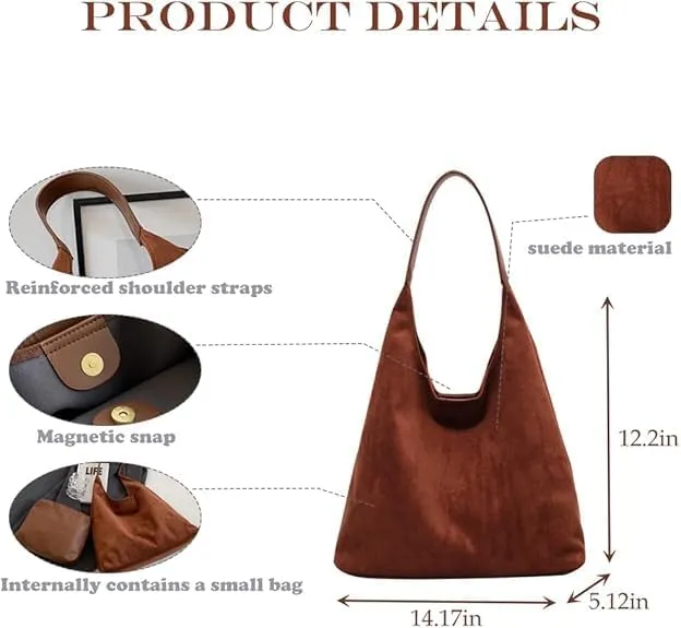 Women Hobo Bags Slouchy Bag Suede Purse Suede Tote Bag Large Brown Tote Handbag for Travel Shopping Work