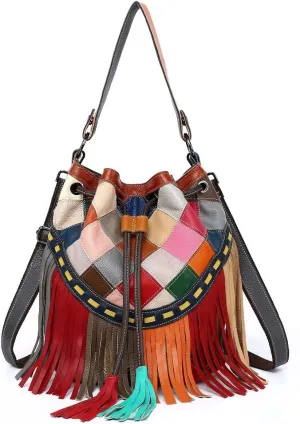 Women Large Multicolor Bucket Shoulder Bag Leather Colorful Tote Handbag Purse
