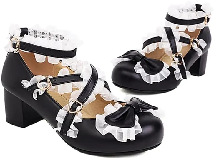 Women Lolita Bow Mary Jane Pumps Block Heels with Belt Buckles Lace