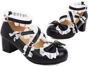 Women Lolita Bow Mary Jane Pumps Block Heels with Belt Buckles Lace