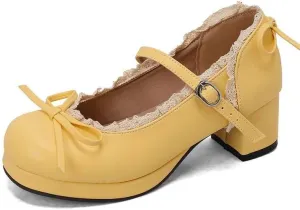 Women Lolita Bow Platform Pumps Block Heels with Belt Buckles Lace