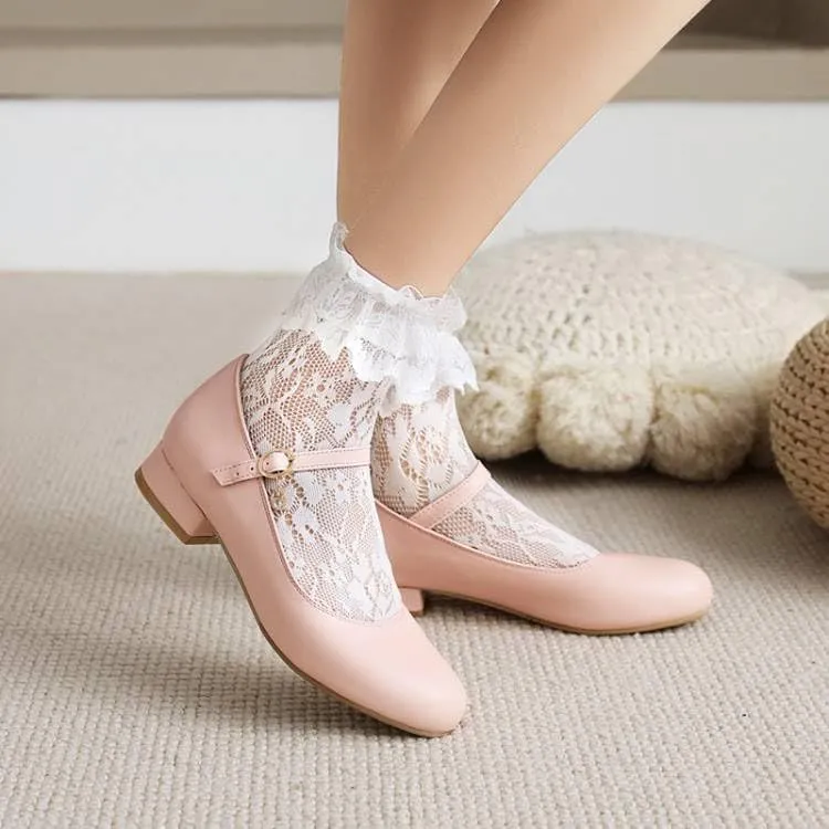 Women Mary Jane Pumps Round Toe Low Block Heels with Belt Buckle