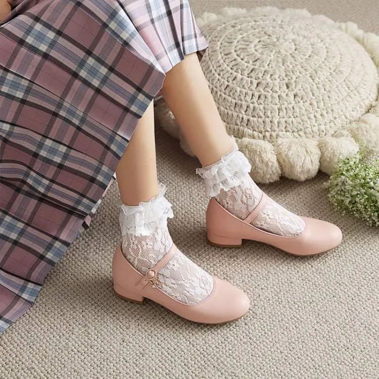 Women Mary Jane Pumps Round Toe Low Block Heels with Belt Buckle