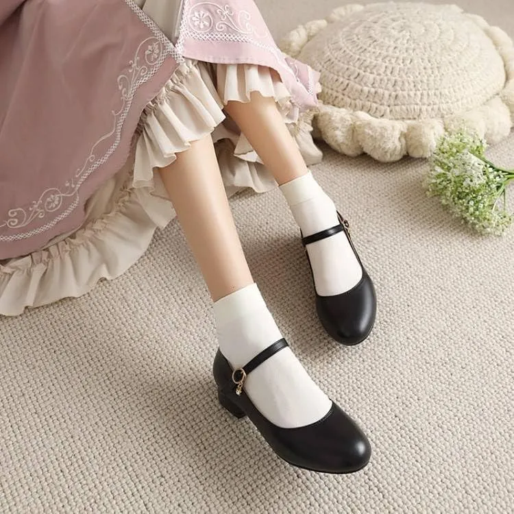 Women Mary Jane Pumps Round Toe Low Block Heels with Belt Buckle