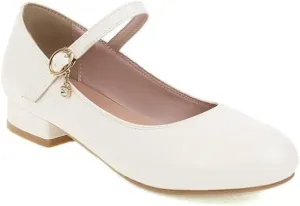 Women Mary Jane Pumps Round Toe Low Block Heels with Belt Buckle