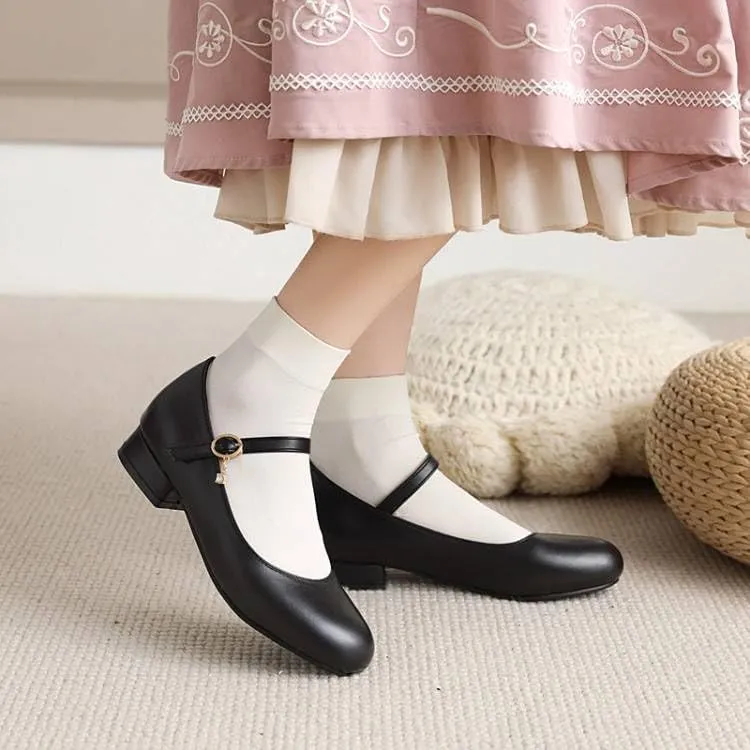 Women Mary Jane Pumps Round Toe Low Block Heels with Belt Buckle
