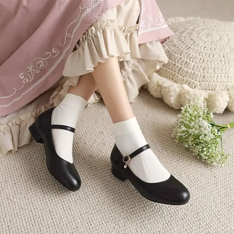 Women Mary Jane Pumps Round Toe Low Block Heels with Belt Buckle