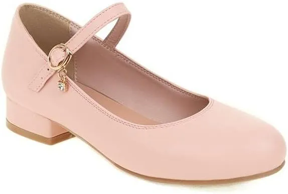 Women Mary Jane Pumps Round Toe Low Block Heels with Belt Buckle