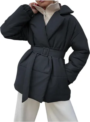Women Winter Coats Long Sleeve Baggy Puffer Coat Belt Lightweight Casual Fashion Winter Jacket