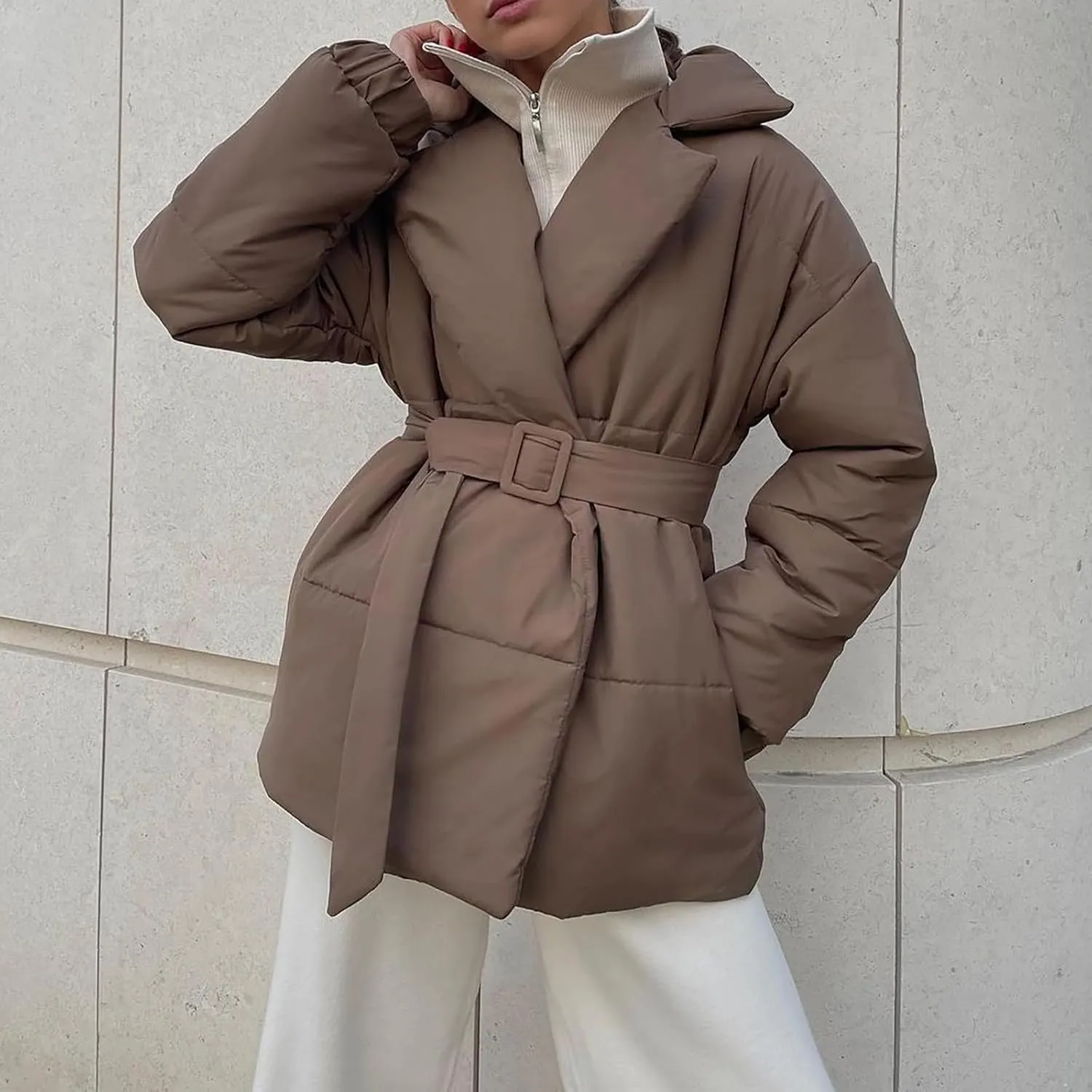 Women Winter Coats Long Sleeve Baggy Puffer Coat Belt Lightweight Casual Fashion Winter Jacket