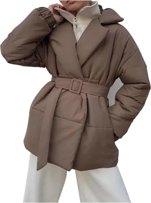 Women Winter Coats Long Sleeve Baggy Puffer Coat Belt Lightweight Casual Fashion Winter Jacket