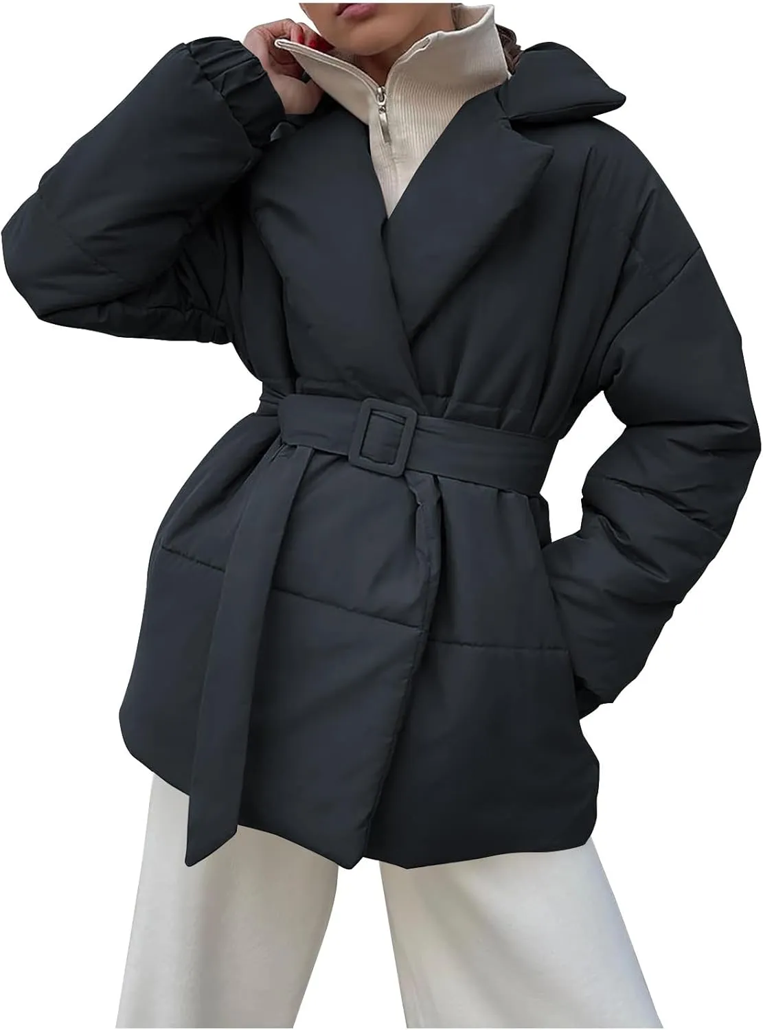 Women Winter Coats Long Sleeve Baggy Puffer Coat Belt Lightweight Casual Fashion Winter Jacket