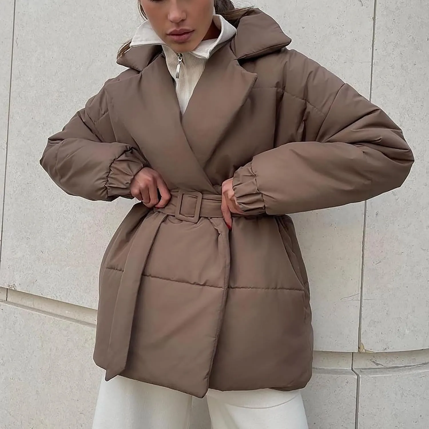 Women Winter Coats Long Sleeve Baggy Puffer Coat Belt Lightweight Casual Fashion Winter Jacket
