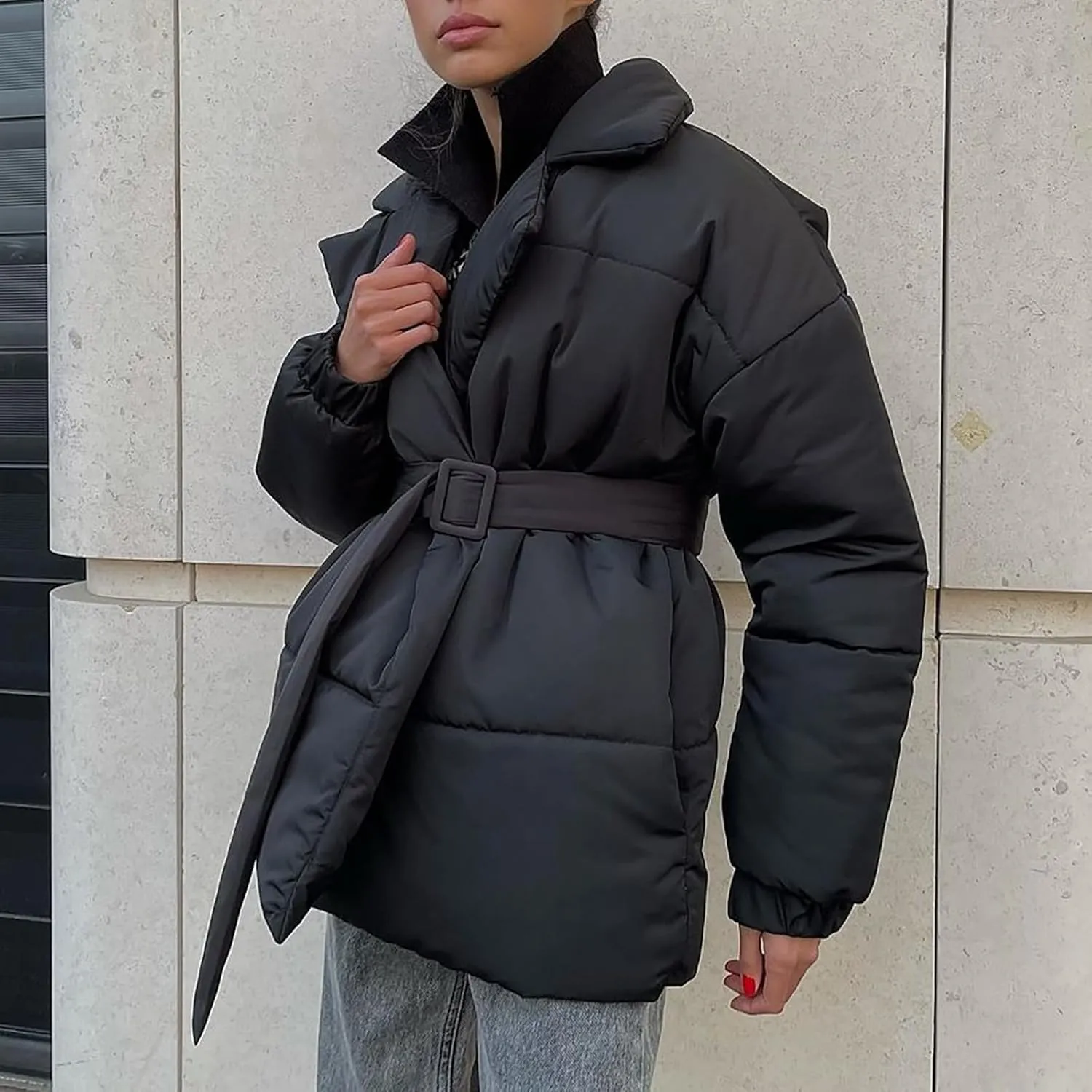 Women Winter Coats Long Sleeve Baggy Puffer Coat Belt Lightweight Casual Fashion Winter Jacket