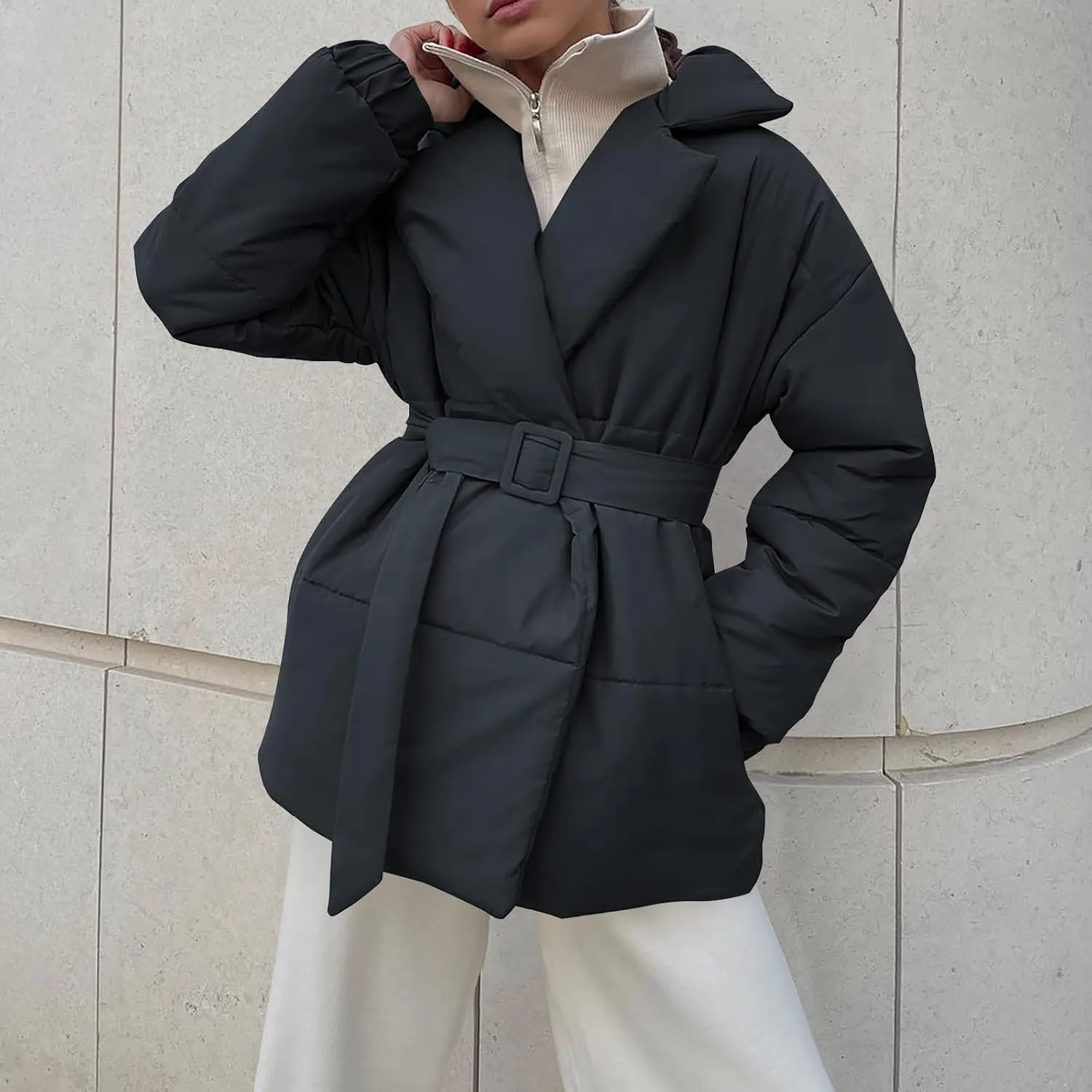 Women Winter Coats Long Sleeve Baggy Puffer Coat Belt Lightweight Casual Fashion Winter Jacket