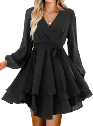 Women Wrap Dress Casual Mini V Neck Fall Long Sleeve Wedding Guest Dresses with Belt