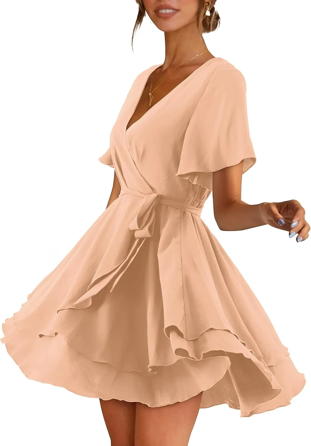 Women Wrap Dress Casual Mini V Neck Fall Long Sleeve Wedding Guest Dresses with Belt