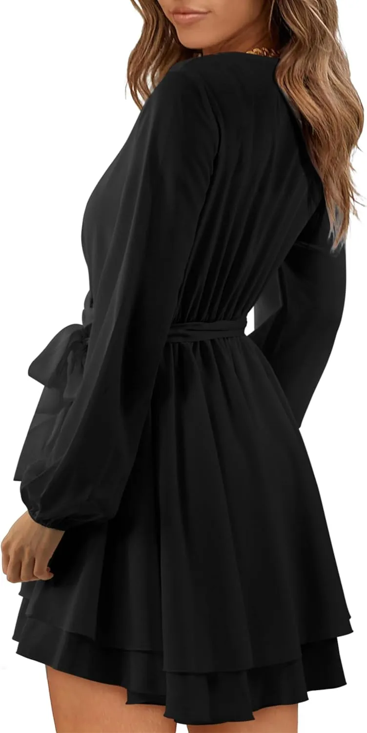 Women Wrap Dress Casual Mini V Neck Fall Long Sleeve Wedding Guest Dresses with Belt