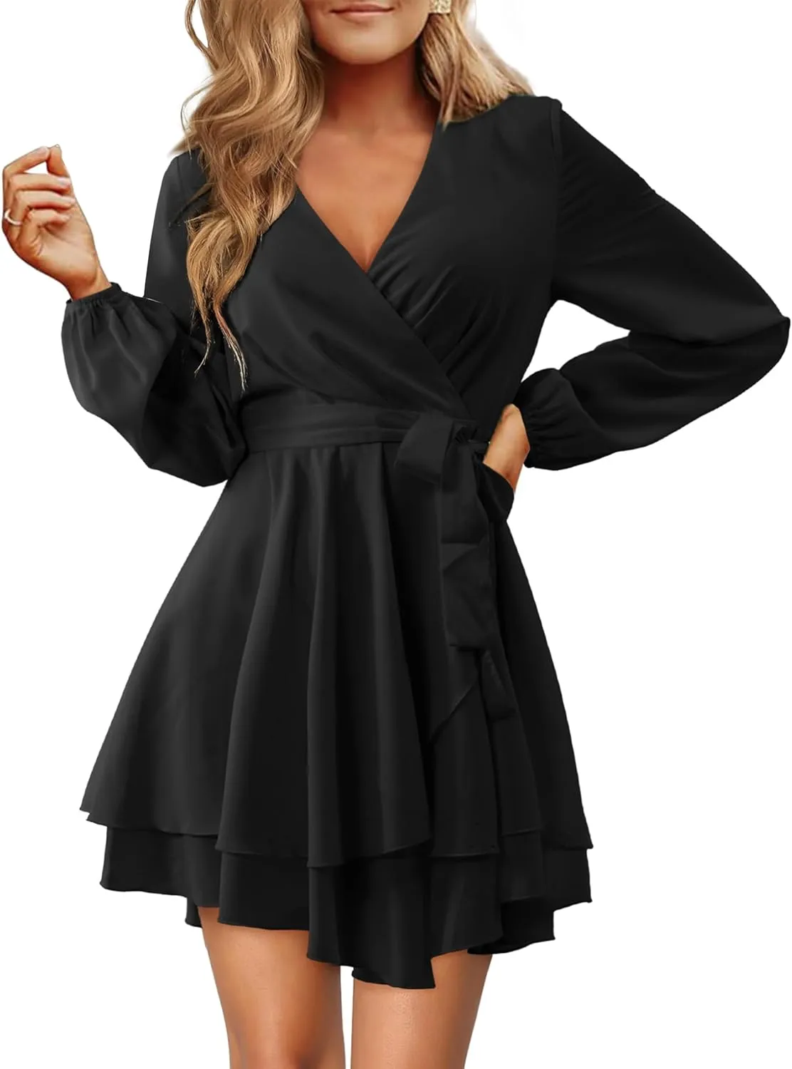 Women Wrap Dress Casual Mini V Neck Fall Long Sleeve Wedding Guest Dresses with Belt