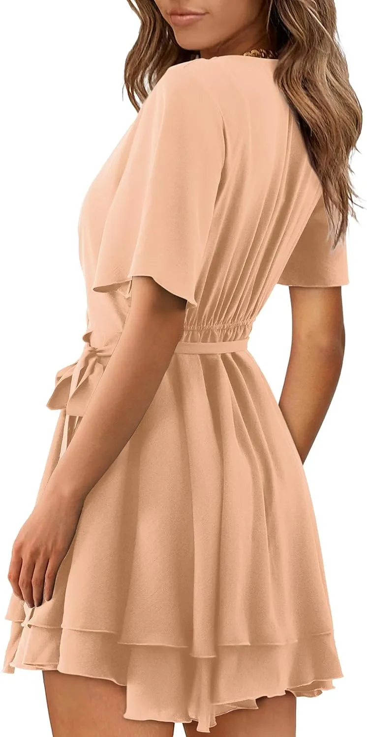 Women Wrap Dress Casual Mini V Neck Fall Long Sleeve Wedding Guest Dresses with Belt